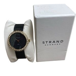 Strand Denmark‎ Ladies Clasp Close Watch Black With Gold and Stones NWT